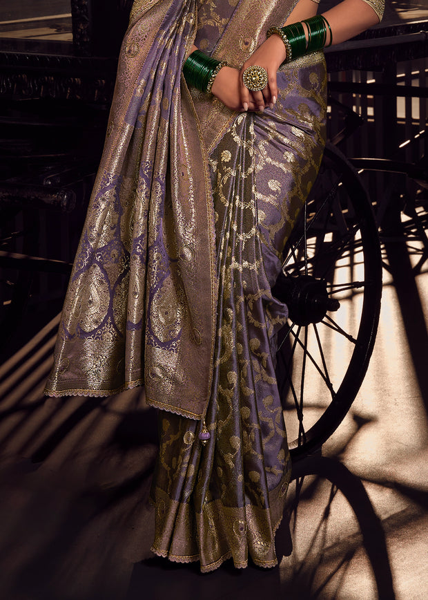 “Exclusive Offer” : Aster Purple Woven Banarasi Satin Silk Saree