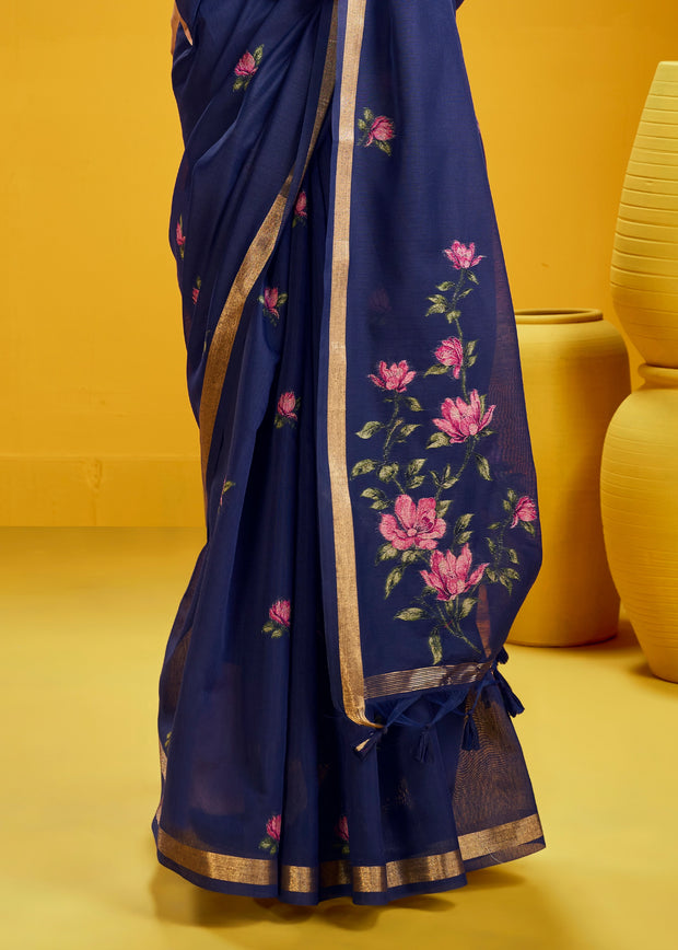 Indigo Blue Woven Munga Cotton Silk Saree