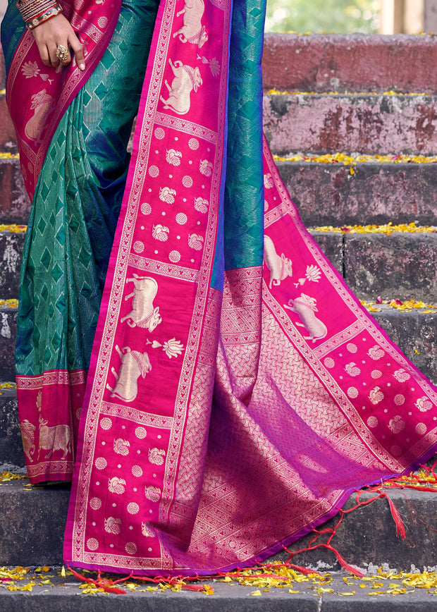 Blue And Pink Woven Banarasi Silk Saree