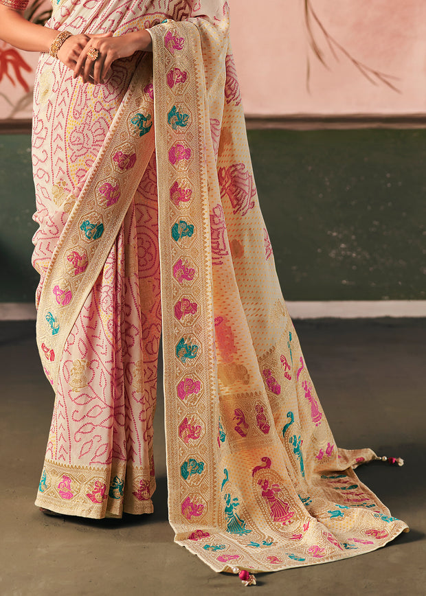 Creamy White Woven Georgette Bandhej Saree