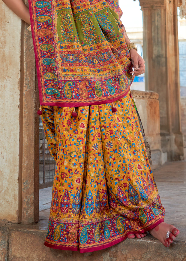 Dusky Yellow Printed Kashmiri Jamewar Saree