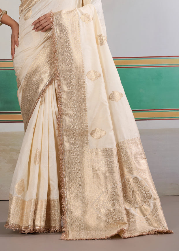 Snow White Woven Banarasi Satin Silk Saree