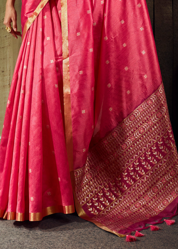 Peach Pink Banarasi Tusser Silk Saree