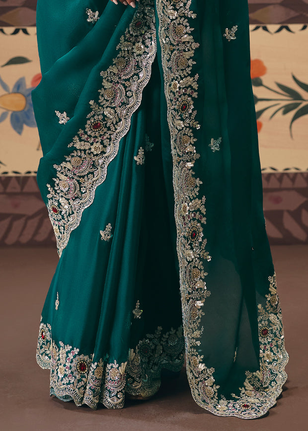 Teal Green Embroidered Designer Saree