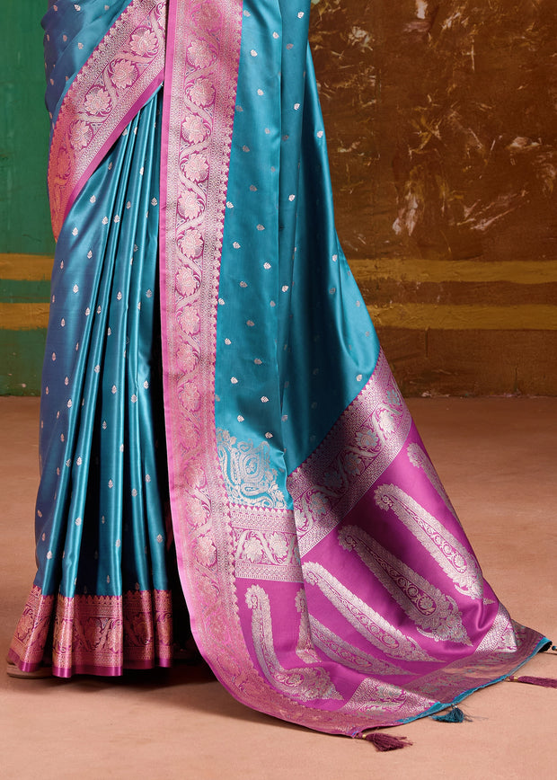 Vivid Blue Banarasi Satin Silk Saree