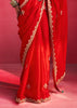 Crimson Red Embroidered Soft Silk Saree With Contrast Blouse