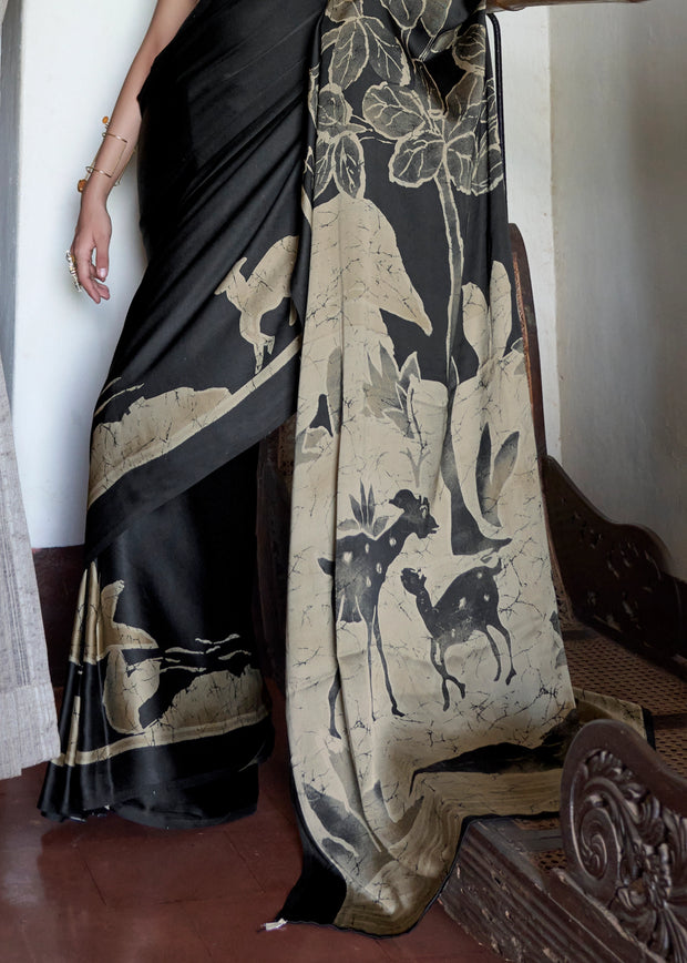 Black Animal Printed Satin Crepe Saree