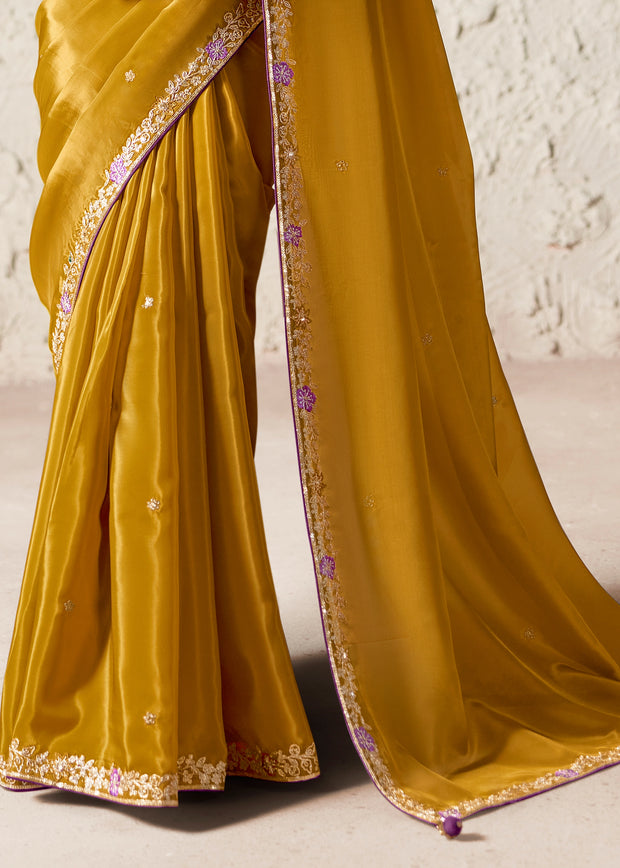Rich Gold Designer Organza Tissue Silk Saree With Printed Blouse