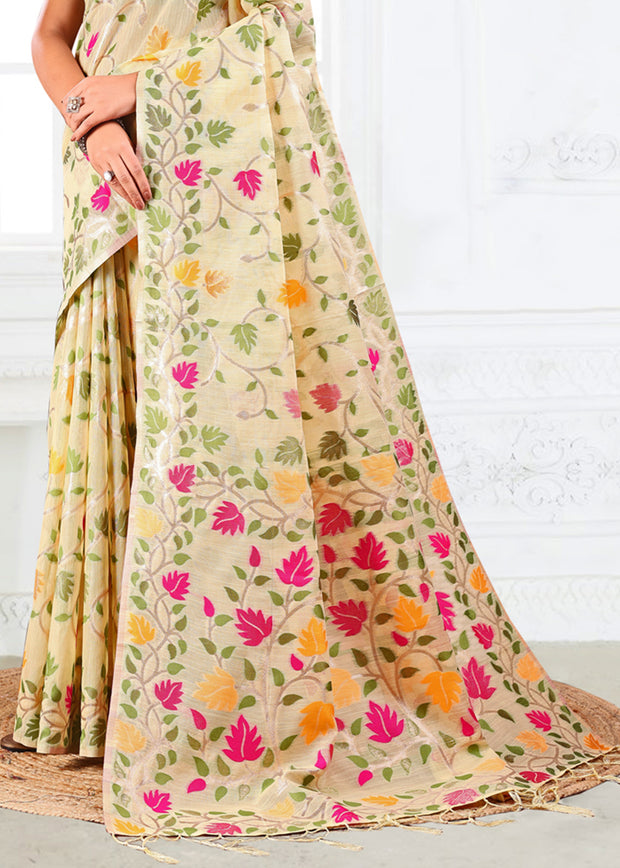 Off White Woven Linen Cotton Silk Saree
