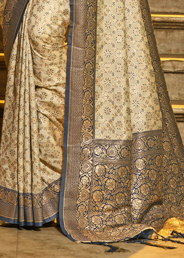 Blue And Beige Woven Banarasi Brocade Silk Saree With Overall Jaal