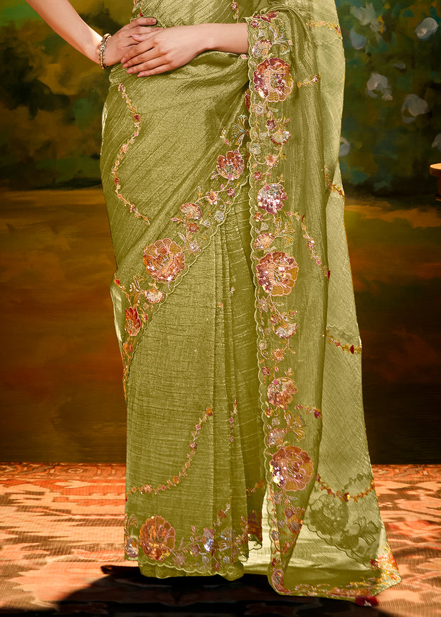 Henna Green Heavy Embroidered Designer Silk Saree With contrast Blouse