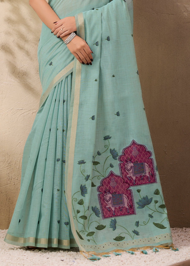 Pastel Blue Woven Cotton Silk Saree