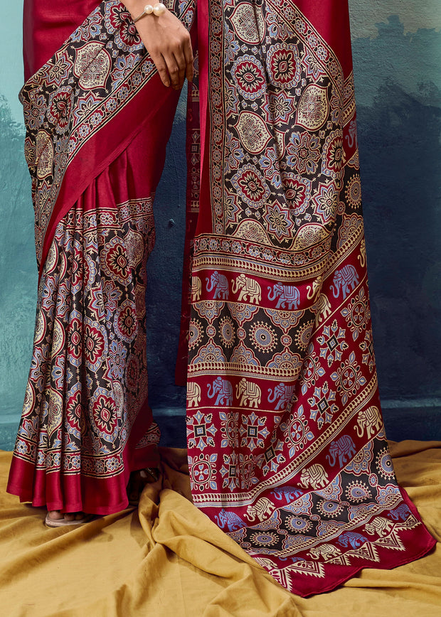 Maroon Printed Satin Silk Saree