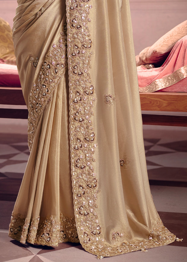 Safari Beige Embroidered Tissue Designer Saree