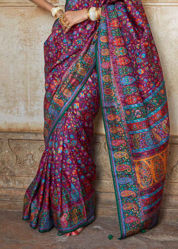 Phlox Purple Printed Kashmiri Jamewar Saree