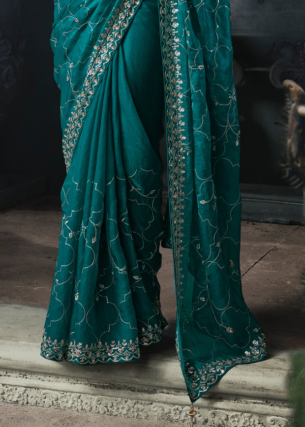 Teal Blue Embroidered Designer Saree