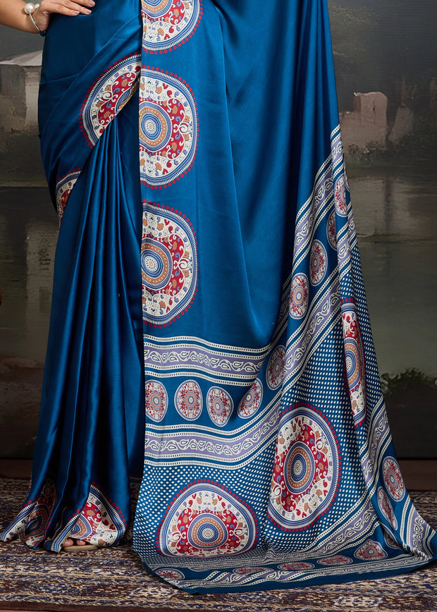Dazzaling Blue Printed Satin Silk Saree