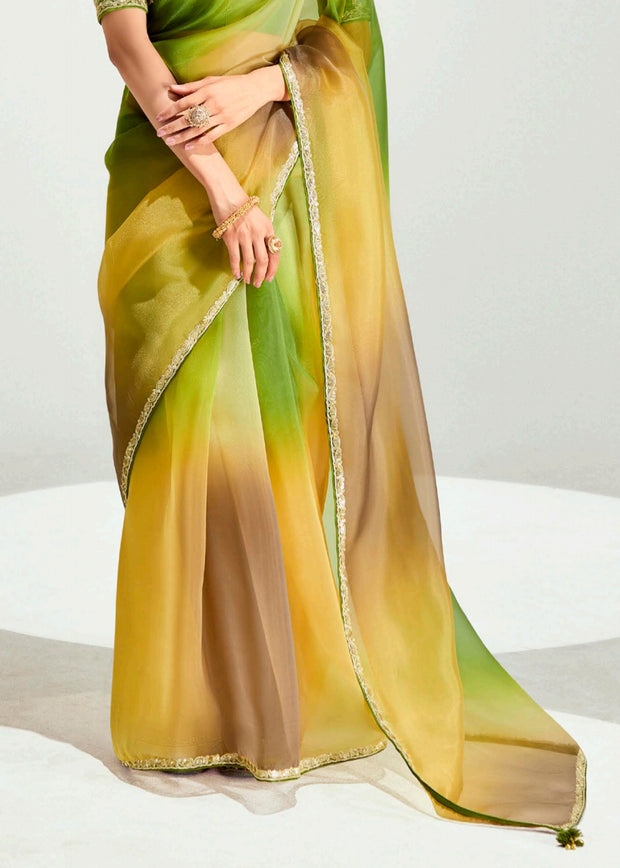 Mehandi Green Ombre Designer Tissue Saree With Embroidered Blouse