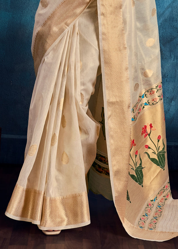 Antique White Woven Paithani Tissue Silk Saree