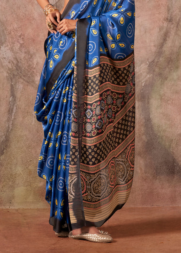 Indigo Blue Printed Crepe Satin Silk Saree