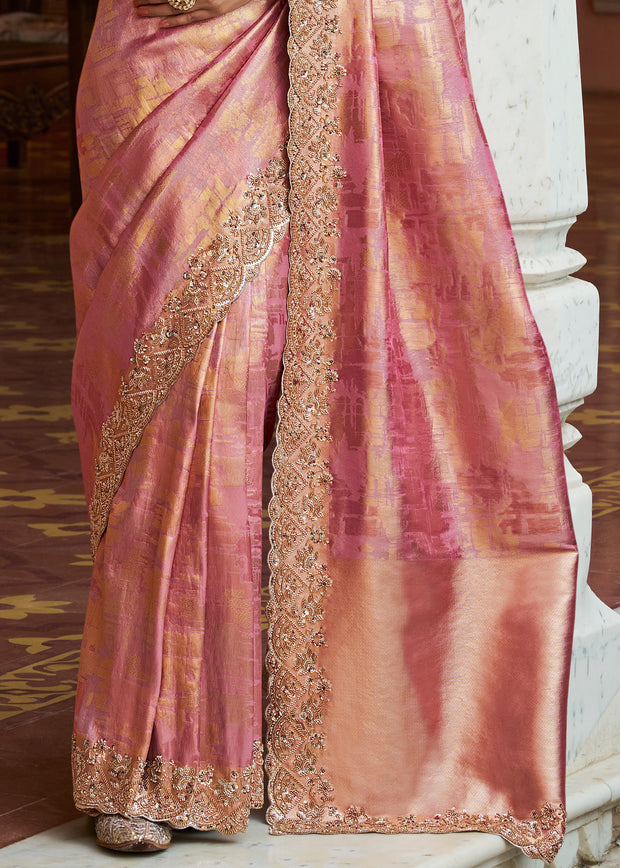 Peach Pink Bead Work Kanjivaram Soft Silk Saree