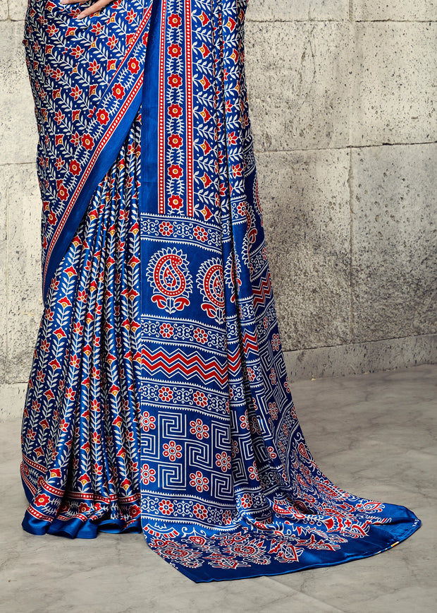 Indigo Blue Printed Satin Silk Saree