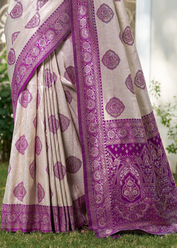 White And Purple Woven Banarasi Silk Saree