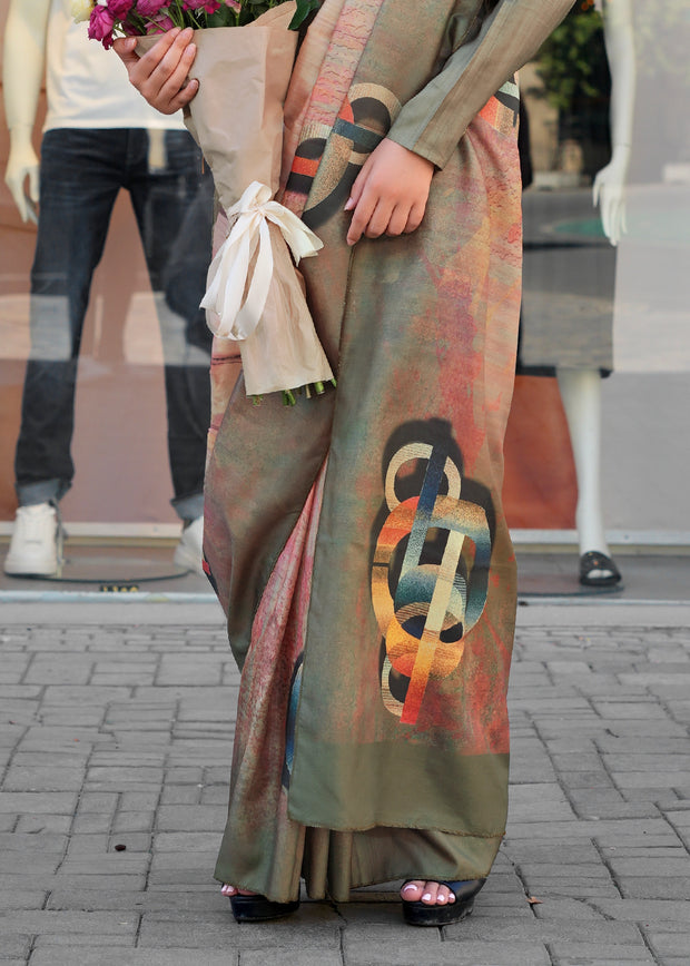 Beetle Grey Digital Printed Soft Silk Saree
