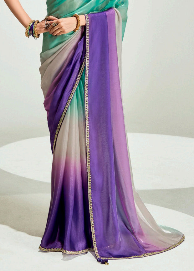 Bright Purple Ombre Tissue Designer Tissue Saree With Embroidered Blouse