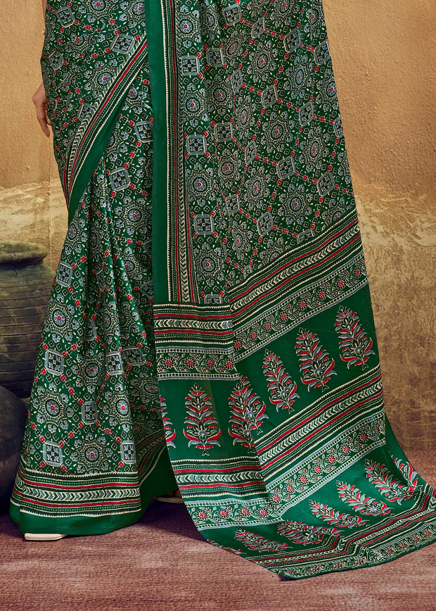 Bottle Green Printed Satin Silk Saree