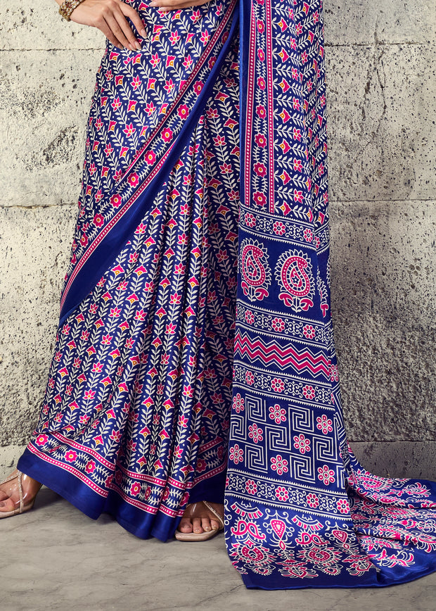 Crystal Blue Printed Satin Silk Saree