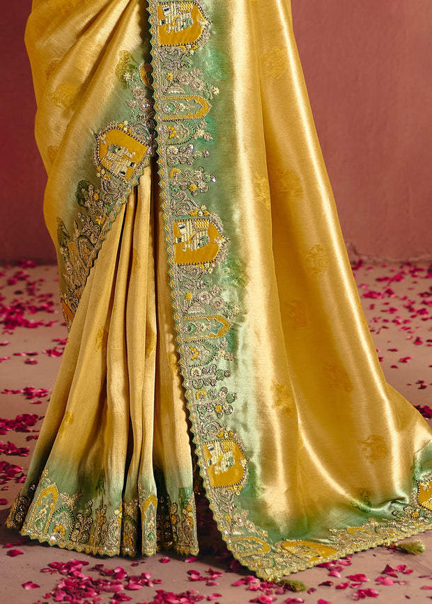 Golden Yellow Designer Embroidered Saree
