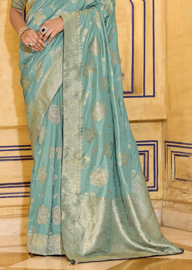 Aqua Blue Woven Banarasi Silk Saree