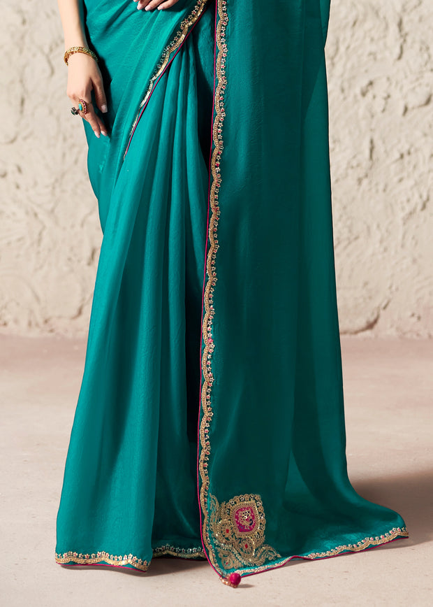 Teal Blue Designer Organza Tissue Silk Saree With Printed Blouse