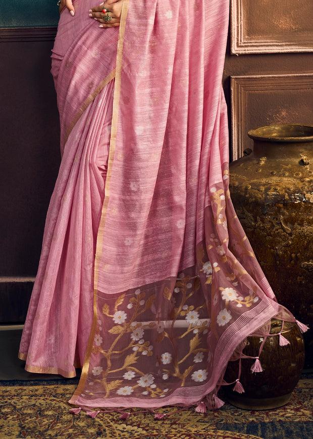 Onion Pink Woven Munga Cotton Silk Saree