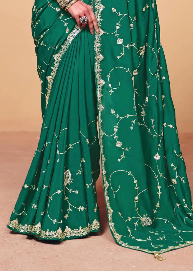 Cadmium Green Embroidered Designer Tissue Saree