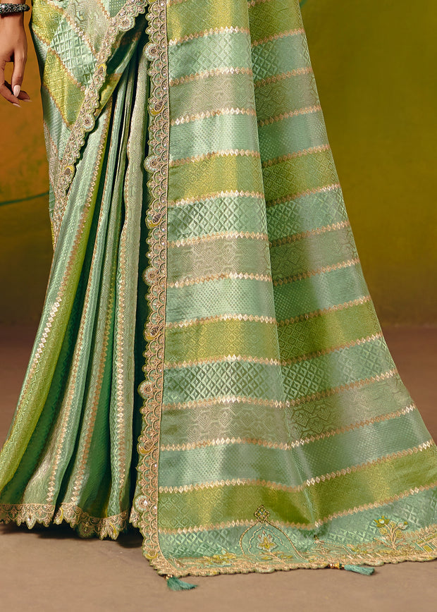 Pistachio Green Designer Embroidered Saree