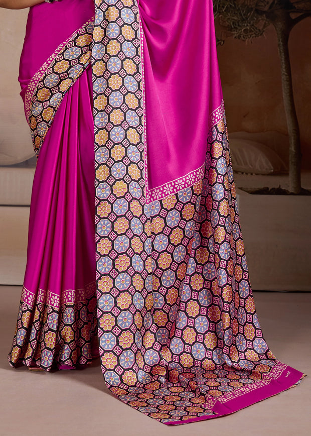 Rani Pink Printed Satin Silk Saree