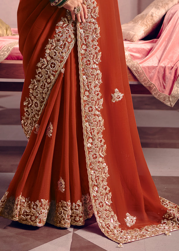 Rust Orange Embroidered Tissue Designer Saree