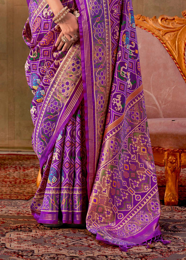 Bright Purple Printed Patola Silk Saree