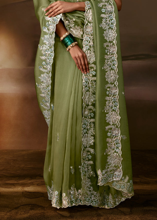 Sage Green Embroidered Designer Organza Saree