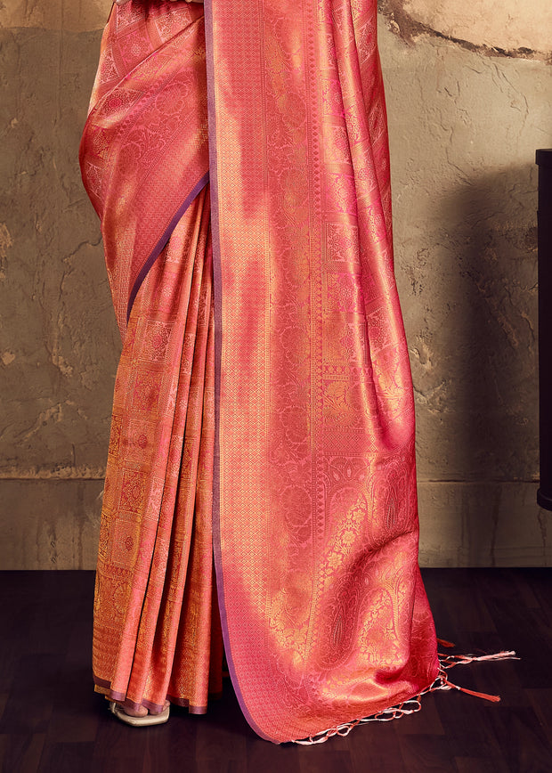 Coral Pink Woven Kanjivaram Silk Saree