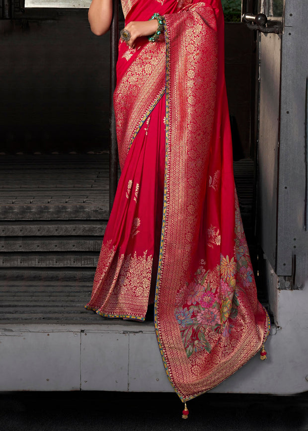 “Exclusive Offer” : Bridal Red Woven Embroidered Banarasi Silk Saree
