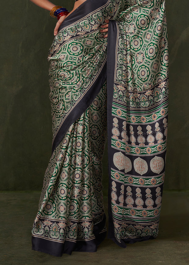Medium Green Printed Satin Crepe Silk Saree