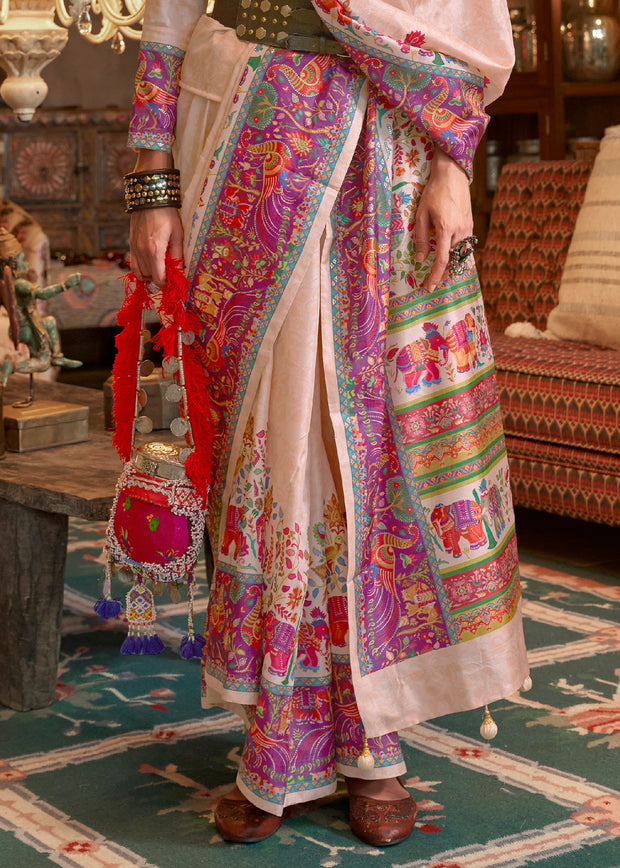 Snow White Madhubani Printed Saree