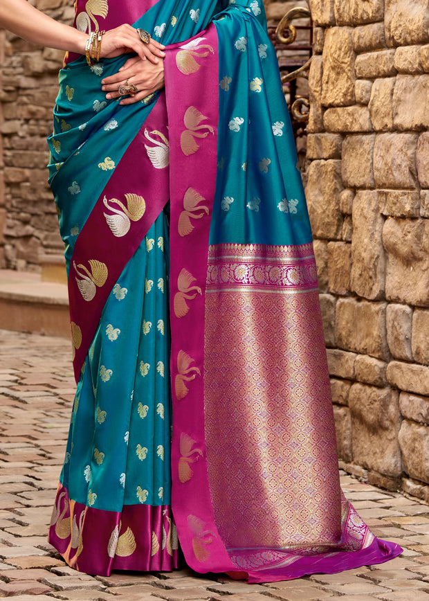 Teal Blue Banarasi Satin Silk Saree
