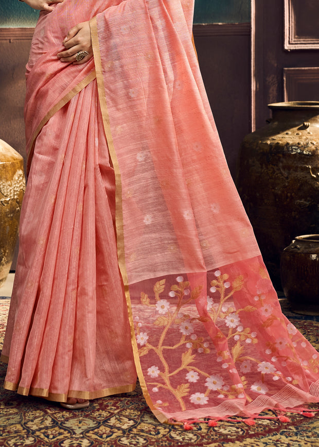 Peach Pink Woven Munga Cotton Silk Saree