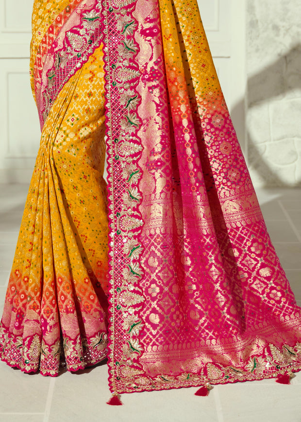 Yellow And Pink Embroidered Georgette Bandhej Saree