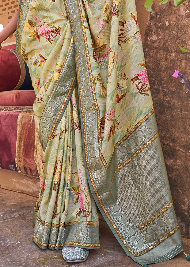 Herbal Green Floral Printed Silk Saree With Contrast Border