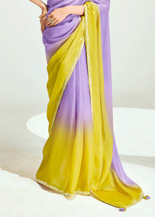 Lavender Yellow Ombre Designer Tissue Saree With Embroidered Blouse